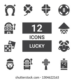 lucky icon set. Collection of 12 filled lucky icons included Slot machine, Chinese knot, Jackpot, Saint Patrick, Chinese, Dice, Clover, Casino, Horseshoe