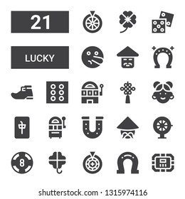 lucky icon set. Collection of 21 filled lucky icons included Poker table, Horseshoe, Roulette, Clover, Casino, Chinese, Jackpot, Mahjong, Chinese knot, Slot machine, Dice, Leprechaun shoe