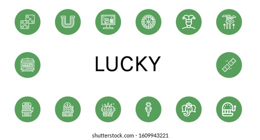 lucky icon set. Collection of Dice, Horseshoe, Online casino, Roulette, Buffoon, Las vegas, Slot machine, Jackpot, Irish, Ganesha, Dominoes icons