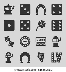Lucky icons set. set of 16 lucky filled icons such as Roulette, Slot machine, Horseshoe, Dice, Vegas, clover, dice, slot machine