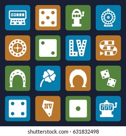 Lucky icons set. set of 16 lucky filled icons such as roulette, slot machine, horseshoe, dice, vegas, clover, dice, dice game, slot machine