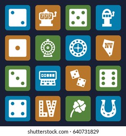 Lucky icons set. set of 16 lucky filled icons such as roulette, slot machine, dice, vegas, clover, horseshoe, dice