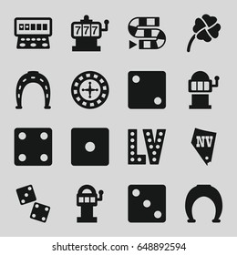 Lucky icons set. set of 16 lucky filled icons such as roulette, slot machine, horseshoe, dice, vegas, clover, dice, dice game, slot machine
