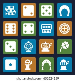 Lucky icons set. set of 16 lucky filled icons such as roulette, slot machine, horseshoe, dice, clover, dice game, slot machine