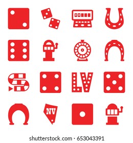 Lucky icons set. set of 16 lucky filled icons such as horseshoe, dice, roulette, slot machine, vegas, horseshoe, dice, dice game