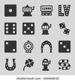 Lucky icons set. set of 16 lucky filled icons such as slot machine, horseshoe, dice, roulette, vegas, clover, horseshoe, dice, dice game