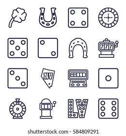 lucky icons set. Set of 16 lucky outline icons such as Roulette, Slot machine, Horseshoe, Dice, Vegas, clover