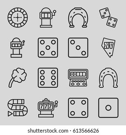 Lucky icons set. set of 16 lucky outline icons such as Roulette, Slot machine, Horseshoe, Dice, Vegas, clover, horseshoe, dice, dice game