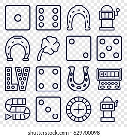 Lucky icons set. set of 16 lucky outline icons such as roulette, horseshoe, dice, slot machine, vegas, clover, horseshoe, dice game
