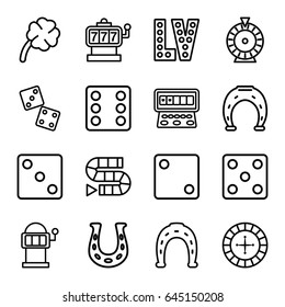 Lucky icons set. set of 16 lucky outline icons such as roulette, slot machine, horseshoe, dice, vegas, clover, horseshoe, dice
