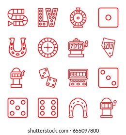 Lucky icons set. set of 16 lucky outline icons such as roulette, slot machine, horseshoe, dice, vegas, horseshoe, dice, dice game