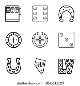 Lucky icons. set of 9 editable outline lucky icons such as roulette, vegas, horseshoe, slot machine