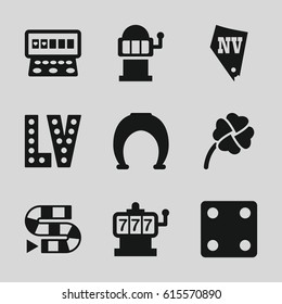 Lucky icons set. set of 9 lucky filled icons such as Slot machine, Dice, Vegas, clover, dice game