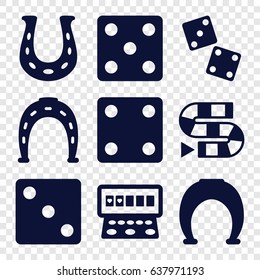 Lucky icons set. set of 9 lucky filled icons such as horseshoe, dice, slot machine, horseshoe, dice