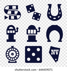 Lucky icons set. set of 9 lucky filled icons such as dice, roulette, slot machine, vegas, horseshoe, dice, dice game