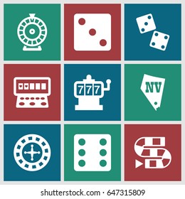 Lucky icons set. set of 9 lucky filled icons such as roulette, slot machine, dice, vegas, dice