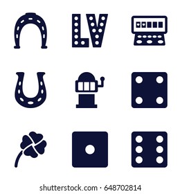 Lucky icons set. set of 9 lucky filled icons such as horseshoe, dice, slot machine, vegas, clover