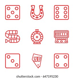 Lucky icons set. set of 9 lucky outline icons such as dice, roulette, slot machine, vegas, horseshoe