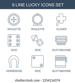 lucky icons. Trendy 9 lucky icons. Contain icons such as Roulette, clover, Dice, dice, Slot machine, horseshoe. lucky icon for web and mobile.