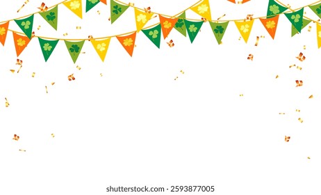 Lucky irish celtic frame background with leaves clover, garland of flags and confetti. greeting, festival, party, event vector illustration