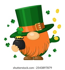 Gnomos irlandeses afortunados con sombrero verde, monedas de oro y celebración del Día de San Patricio