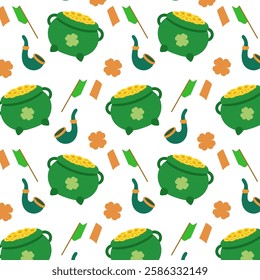 Lucky Irish St. Patrick’s Day Digital Pattern with Gold Coins and Pipes. A seamless St. Patrick’s Day pattern featuring pots of gold, Irish pipes, shamrocks, and flags.