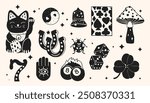 Lucky Items in Linocut Style. Trendy vector illustration.