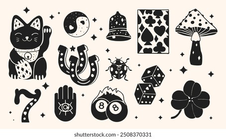 Lucky Items in Linocut Style. Trendy vector illustration.