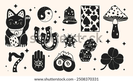 Lucky Items in Linocut Style. Trendy vector illustration.