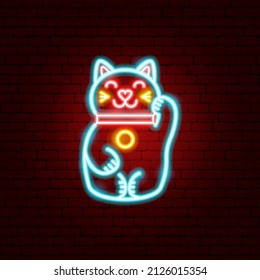 Lucky Japan Cat Neon Sign. Vector Illustration of Japanese Culture Promotion.