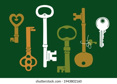 Lucky keys vector set. Various vintage keys over green background. Flat linear design. Cartoon style.