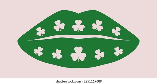 Lucky kiss. Green lips with shamrock. Irish kiss. 3 leaf clover. St Patricks day clipart. Vector illustration