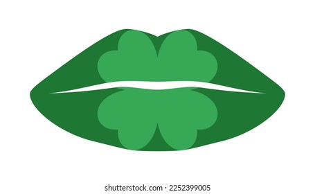 Lucky kiss. Green lips with shamrock. Irish kiss. 4 leaf clover. St Patricks day clipart. Vector illustration