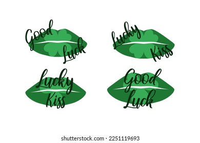 Lucky kiss set. Green lips with shamrock. Irish kiss. 4 leaf clover. St Patricks day clipart. Vector illustration