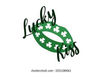 Lucky kiss text. Green lips with shamrock. Irish kiss. 3 leaf clover. St Patricks day clipart. Vector illustration