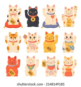 Lucky kittens, oriental japanese souvenir lucky cats. Cartoon asian fortune and richness symbols, traditional maneki neko cats vector symbols illustrations set. Cute lucky cat souvenirs