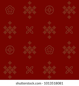 Lucky knot and coins pattern. Traditional oriental golden design on a red background. Decorative seamless ornament. Printing block for textile, fabric, paper. Vector illustration.