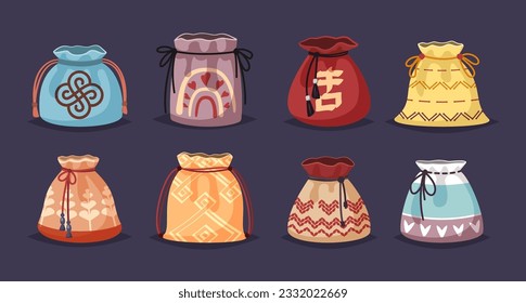 lucky korean bags set. fortune telling pockets with different patterns , floral pouches with hieroglyphs, traditional korean or chinese culture. vector cartoon flat illustration