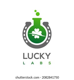 Lucky labs with four leaf clovers, horse shoe and laboratory bottle on white background Design element for logo, poster, card, banner, emblem, t shirt. Vector illustration.