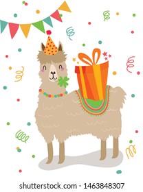 lucky lama is excited about a present. party elements. 