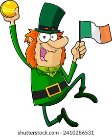 Lucky Leprechaun Cartoon Character Jumping With Golden Coin And Irish Flag. Vector Hand Drawn Illustration Isolated On Transparent Background