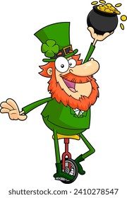 Personaje De Caricatura De Leprechaun Afortunado En Unicycle Con Una Osa. Ilustración dibujada a mano vectorial aislada en fondo transparente