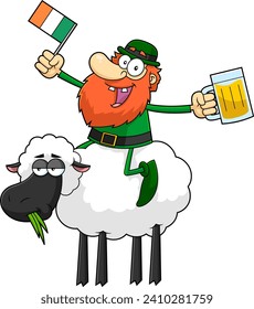 Lucky Leprechaun Cartoon Character Riding a Sheep With A Glass Of Beer And An Irish Flag. Vector Hand Drawn Illustration Isolated On Transparent Background