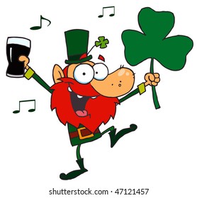 Lucky Leprechaun Dancing with a Glass of Beer and Shamrock