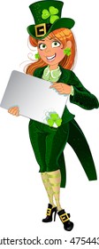 Lucky Leprechaun girl with placard for text