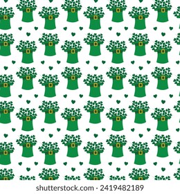 Lucky Leprechaun Hat and Clover Bouquet and decorative hearts around seamless pattern design concept