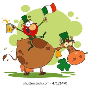  Lucky Leprechaun Riding a Cow with a Glass of Beer and An Irish Flag