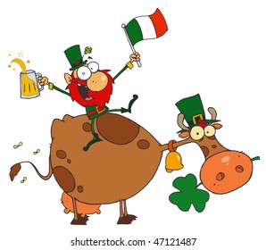 Lucky Leprechaun Sitting On A Cow With Beer And A Flag