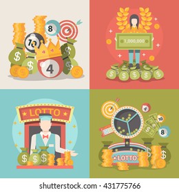 Lucky life concept vector illustration set. People success web site banner image. Fortune money bag rich woman. Lotto croupier man coins dollars wreath lotto ball infographics on color background.