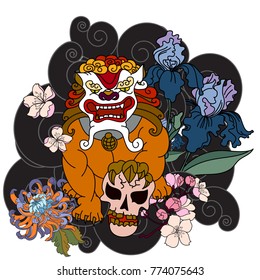 Lucky lion tattoo design.Chinese lion statue with iris flower,Chrysanthemum flower and cherry blossom.